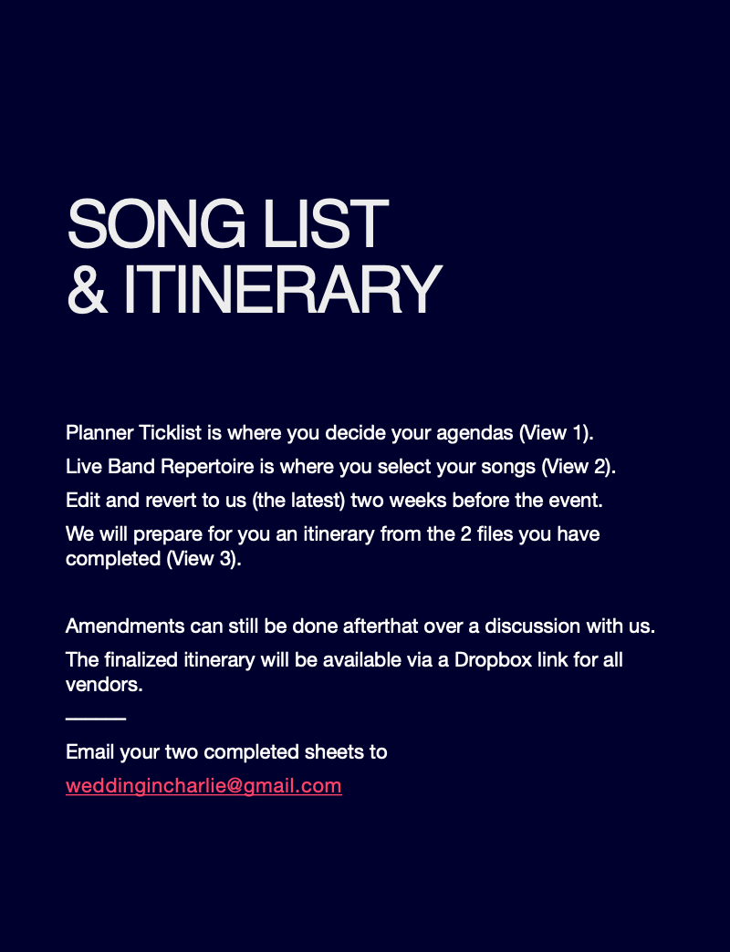 SONG LIST
& ITINERARY


Planner Ticklist is wher